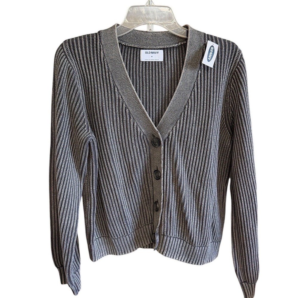 NWT Old Navy Womens Grey Ribbed V-Neck Button Front Cardigan Sweater Sz M Preppy